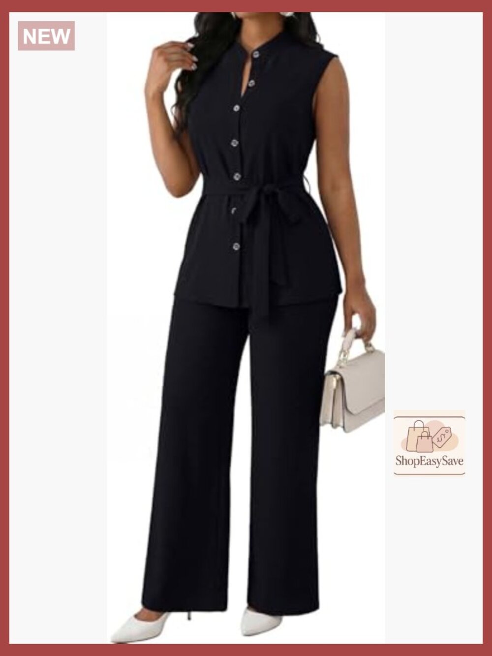 2 Piece Outfit Sleeveless Belt Blouse Flare Pants Business Suit Set Dressy - Picture 2 of 7